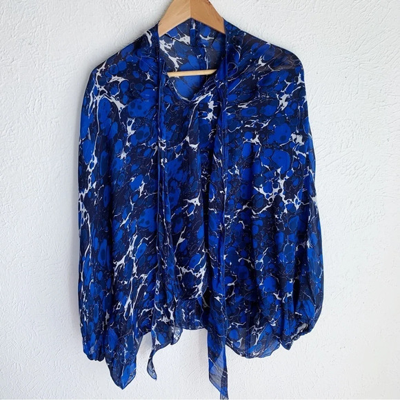 Zara Printed Blouse with Bow Semi-sheer Blue Sz Medium - Picture 2 of 6